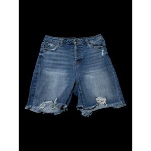 Vanilla Star Bermuda Denim Shorts Womens 5 Blue High Rise Distressed Frayed Hem
